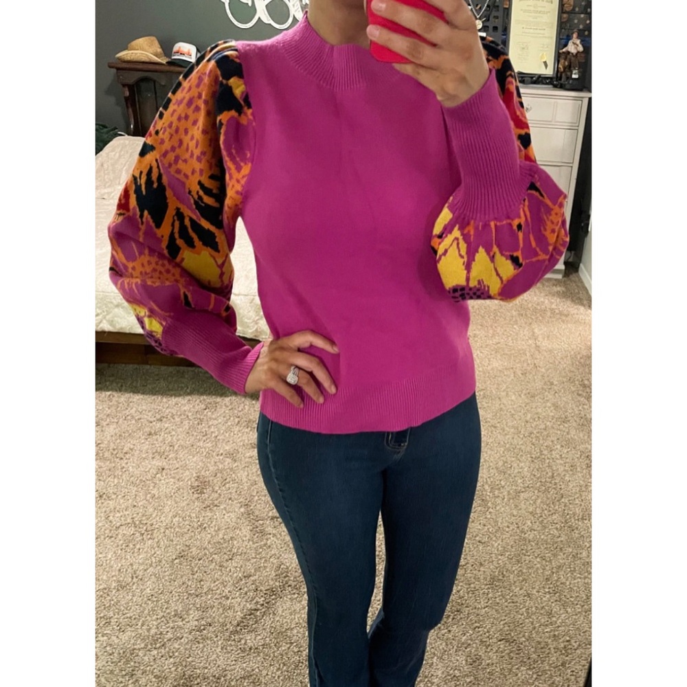 Vibrant Pink Sweater with Patterned Sleeves